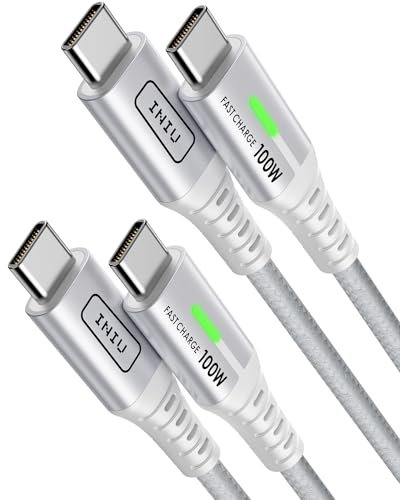 INIU Cable USB C a USB C, 100W [2Pack-2m, Blanco] Cable USB C Carga Rapida PD 5A QC 4.0 Cable Tipo C Nylon para iPhone 15 Pro MacBook Pro 2020 Samsung S22 Ultra iPad Air Pixel 7 Huawei P30 Steam Deck