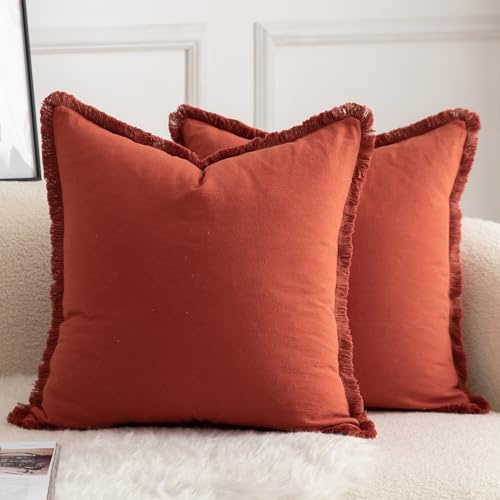Mandioo 2er Set neutralen Baumwolle Quasten Kissenbezug 40x40cm Dekorative Kissenbezüge Dekokissen Boho Sofakissen Kissenhülle für Couch Sofa Schlafzimmer Wohnzimmer Heimdekoration Gebrannter Ziegel