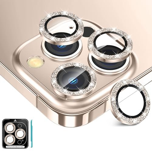 Fewdew for iPhone 16 Pro Max/iPhone 16 Pro Camera Lens Protector, 9H Tempered Glass [Ultra HD] [Anti Scrach] Metal Individual Ring Camera Screen Protector Cover,Desert Titanium Glitter