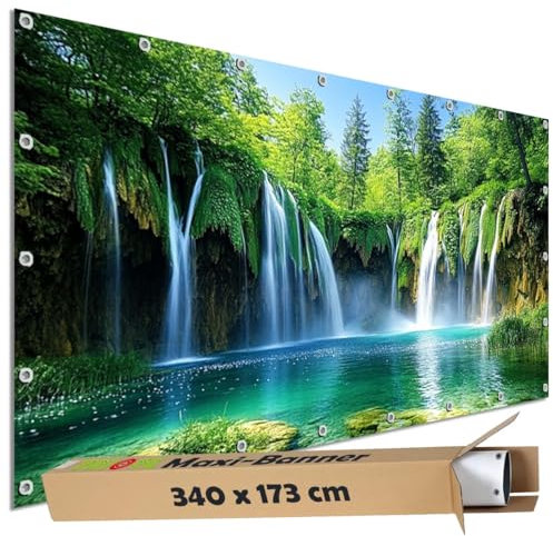 TRIOSK Sichtschutz Garten Dekoration Plane groß mit Motiv Wasserfall Kroatien Krka Park Natur Motivbanner Blickdicht für Terrasse Zaun Gartenzaun Gartenposter PVC Zaunblende 340x173 cm