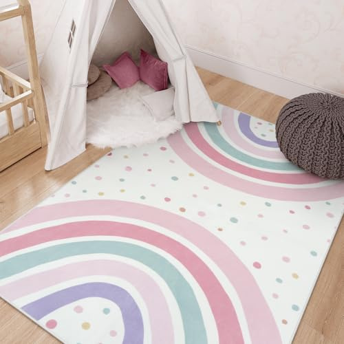 STARUIA Regenbogen-Teppich für Kinderzimmer, 7,6 x 12,7 cm, rosa Teppich, weich, gepunktet, für Mädchenzimmer, rutschfest, klein, waschbar, Kinderteppich für Spielzimmer, Prinzessinnenzelt, Schloss