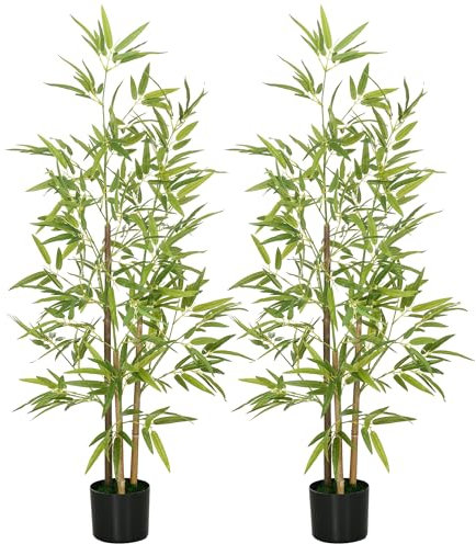 HOMCOM Set 2 Piante di Bambù Finte da 120 cm a 3 Tronchi con Vaso Ø15x12cm, Piante Artificiali in PEVA, PP e Metallo, Verde e Nero