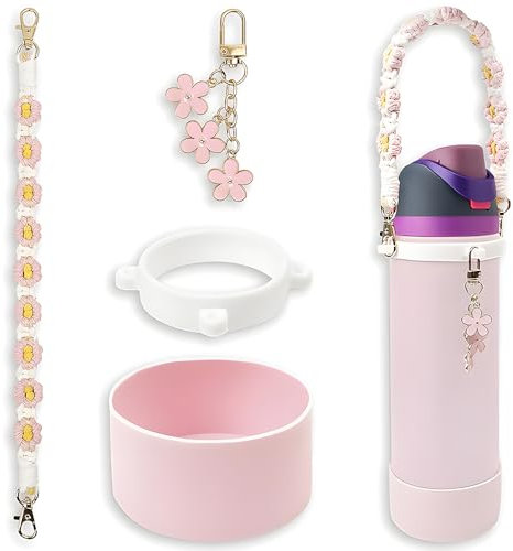 TTPSRY Owala FreeSip Accessories 4 Pieces Handle Water Bottle Covers Silicone Case and Daisy Keychain for 24 oz 32 oz 40 oz Owala Water Bottle (Pink/32oz)