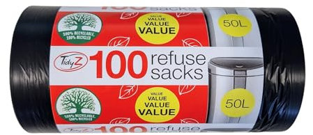 TidyZ Lot de 100 sacs poubelle fabriqués à partir de plastique 100 % recyclé, 50 l