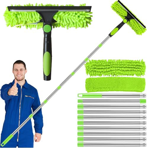 HELISAN 4.5M Window Squeegee Cleaning Equipment, 3-IN-1 Extendable Window Cleaning Kit with 10 Pole, 2 Microfiber Cloth Brush &Squeegee, Telescopic Window Cleaner Pole for High Window, Wall, Car Glass