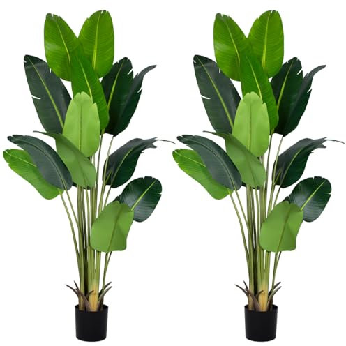Artificial Bird of Paradise Plant 7Ft Fake Tropical Palm Tree with 17Trunks Faux Banana Leaf Trees in Pot for Home Indoor Outdoor Office Modern Decor Housewarming Gift（2pcs）