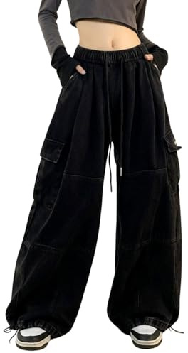 PEAINJ Baggy Cargo Pants for Women Men Y2k Wide Leg Sweatpants High Waisted Drawstring Pants Hip Hop Clothes Black-M