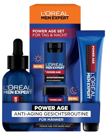 L'Oréal Men Expert Anti Aging Pflegeset gegen Falten für Männer, Geschenkset mit Gesichtscreme, Nachtcreme, Gesichtsserum und Augencreme, Set für Herren mit Hyaluronsäure, Power Age, 4-teilig