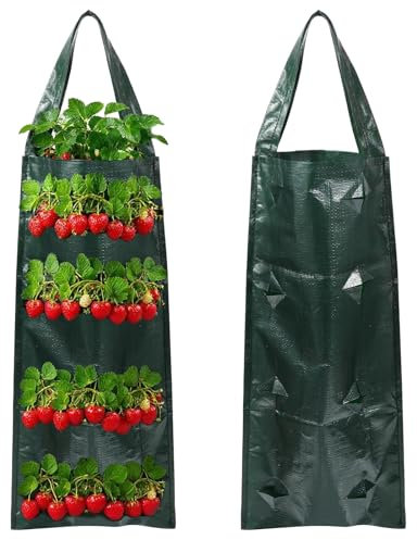 8 Holes Plastic Hanging Tomato Planters, 2 PCS Strawberry Grow Bags Upside down Garden Vertical Strawberry Planters Strong Plastic Hanging Grow Bags for Tomatoes Chili Vegetables Flower Planting