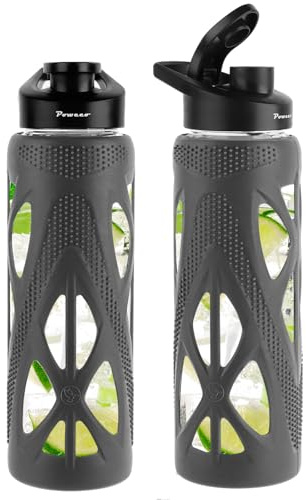 poweco Trinkflasche Glas 700ml [Bruchsicher & Auslaufsicher] - Sportflasche aus Borosilikatglas mit Silikonhülle & Tragegriff - BPA-Frei, Glasflasche für Büro, Yoga & Fitness - Dunkelgrau