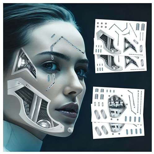 4× Gesichtstattoo Death Metal Halloween Tattoo Gesicht,Cyborg Gesichtstattoo,Cyberpunk Kostüm Temporäre Tattoos Damen/Herren, Festival, Karneval (4 Cyborg Gesichtstattoo)