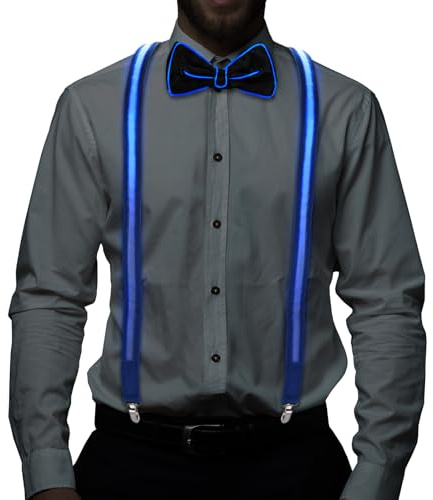 IGUGI 2 Stück/Set,leuchtende Herren-LED-Hosenträger und Fliege,Leuchtende Herren-Accessoires,Fliege für Musik Festival,perfekt für Musik,Festival,Halloween-Kostümparty (blau)