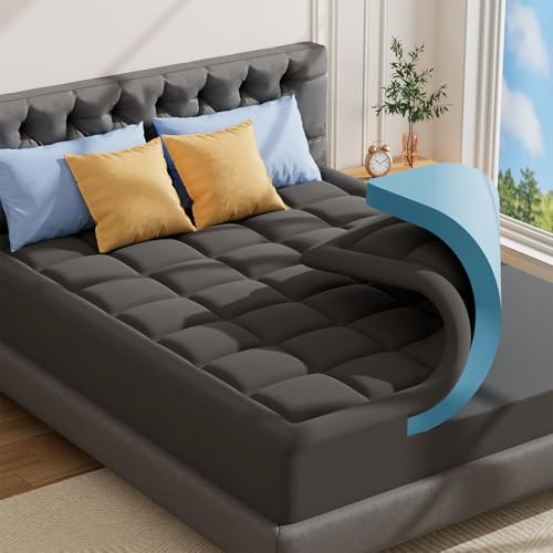 ABENE Grey Double Memory Foam Mattress Topper for Back Pain Relief, Mattress Topper Double Bed with Extra Deep Pocket, Washable Pillow Top Cover with OEKO-TEX & CertiPUR-US (Grey, 135x190cm)