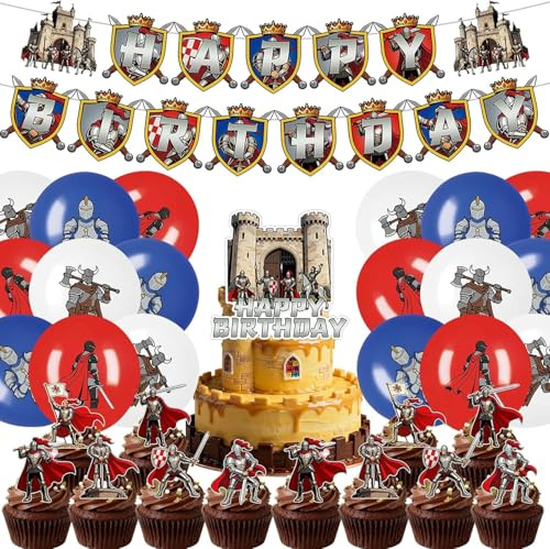 32-teiliges Luftballon-Dekorationsset für Kindergeburtstage zum Thema „Mittelalterliche griechische Ritter“, inklusive „Happy Birthday“-Banner, Geburtstagskuchen-Dekoration und DIY-Geburtstagskuchen