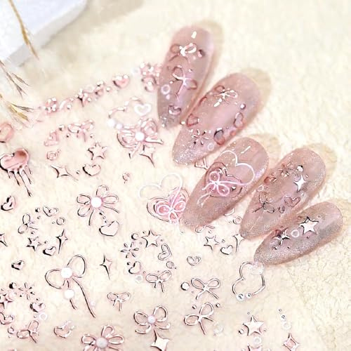 Nymora Sweetheart Bow Embossed Nail Art Stickers, Rose Gold Foil Nail Stickers for Nail Art, Kids Nail Stickers, 1 Sheet Self-Adhesive Nail Decals