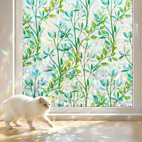 Lifetree Privacy Film for Glass Windows, Stained Glass, Green, 44.5*200 cm | Static-cling Rainbow Film, UV-blocking Anti-glare, Removable, Green Leaves Pattern Decorative Film for Smooth Household Glass