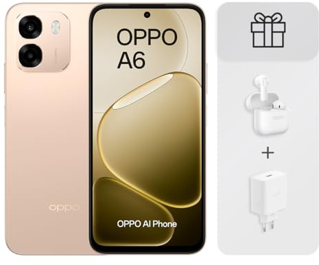 OPPO A6 4G - Smartphone sbloccato con IA, 6 GB RAM+256 GB, Batteria 6500 mAh, Ricarica Rapida 45 W, Display LCD HD+ 120 Hz, IP69, Fotocamera 50 MP AI, Dual SIM, Versione spagnola, Oro