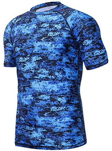 HUGE SPORTS Men's UV Sun Protection UPF 50+ Full Digital Print Rash Guard Short Sleeves (Pixel Blue, L)