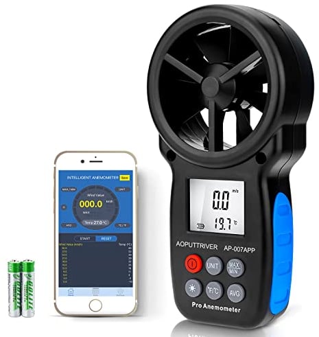 Digitaler Windmesser mit APP, Windmesser Handheld Windgeschwindigkeitsmesser mit APP-Datenlesung,drahtloser Bluetooth-Flügelrad-Windmesser für Messung der Luftgeschwindigkeit Luftvolumen für HVAC Vent