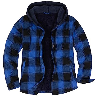 ZENTHACE Veste chemise en flanelle doublée Sherpa pour homme, veste à carreaux à bouton-pression avec capuche, bleu/carreaux, Taille S
