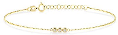 Drei Diamanten Armband aus 14 Karat/585 Echtgold für Damen | Diamant Schmuck aus Gelbgold | Frauen Klassisches Armkette mit Drei Steine Anhänger | Geburtstagsgeschenk, Verstellbar 15 cm bis 17 cm