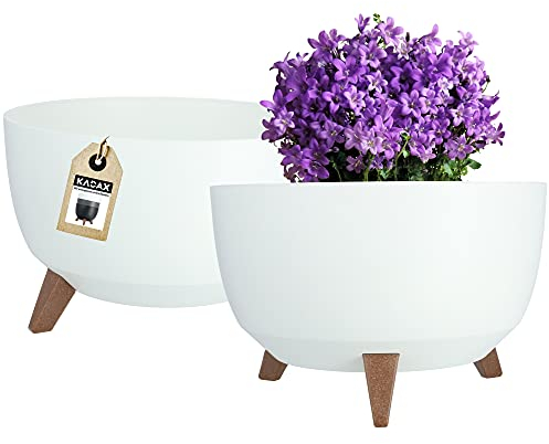 KADAX Maceta Decorativa de Plástico con Soporte Integrado, Macetero con Tres Patas de Imitación Madera para Interior y Exterior (Blanco, 39.5 cm)
