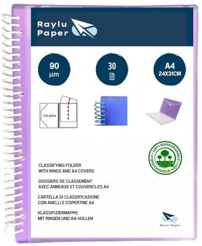 Raylu Paper - Porte Vues A4 avec Pochettes Plastiques Transparentes et Couverture Personnalisable et Fermeture Élastique, Porte Documents Souple (30 Pochettes, Violet)