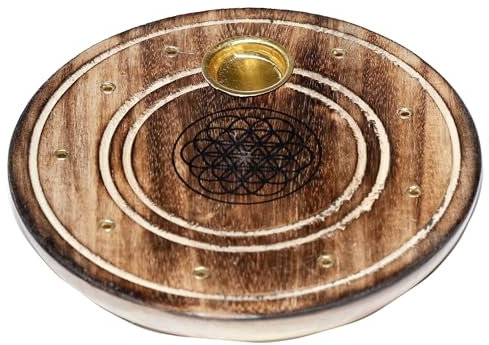 Puckator Porte Attrape-Cendre Bois de Manguier pour Cônes et Bâtons d'Encens-Fleur de Vie encens, Multicolore, Unique