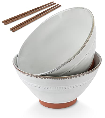KooK Japanese Ramen Bowls, Microwavable, Dishwasher Safe, Terracotta, for Rice, Udon, Soba, Pho, 36 oz, Cloudy White, Set of 2, with 2 Sets of Wooden Chopsticks