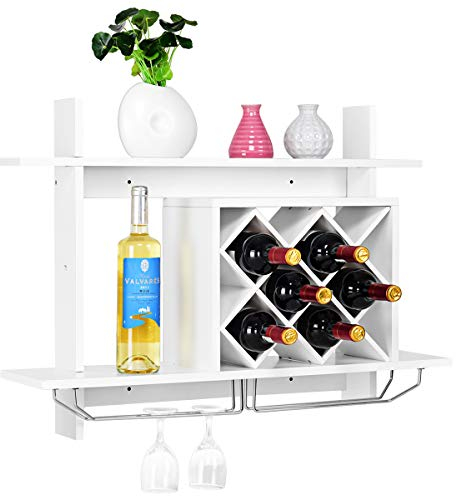 KOMFOTTEU Botellero de Pared para 6 Botellas, Estante para Vinos Colgante con Soportes para Vasos, Soporte para Botellas Montado en Pared de Madera, para Cocina, Bodega (Blanco, 80 × 58,5 × 20 cm)