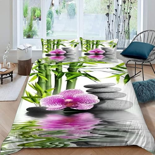 Bettwäsche 135x200 3 teilig Soft Microfaser Bettwäsche Set Zen-Orchideen Und GrüNpflanzen Muster Bettbezug mit Reißverschluss und 2 Kissenbezug 80x80 cm für Kinder und Erwachsene