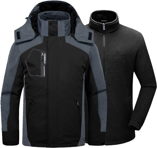 Kugnala Mens Winter Skiing Jacket 3 in 1 Waterproof Warm Snow Fleece Lining Coat Hooded Windproof Jacket Black/Grey L