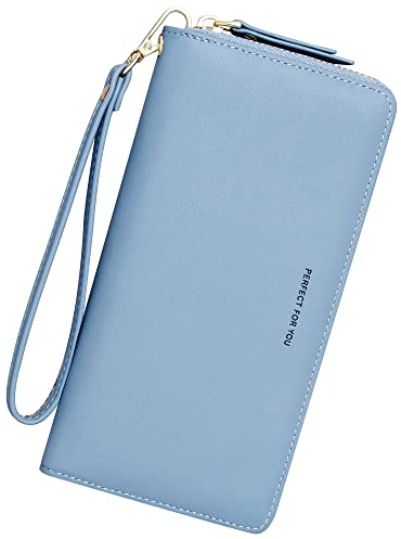 GEEADNB Langformat Geldbörse für Damen, PU Leder Portemonnaie Gross Reißverschluss Telefon Geldbörse Frauen Armband Geldbörse Lange Clutch Geldbörse (Blau)