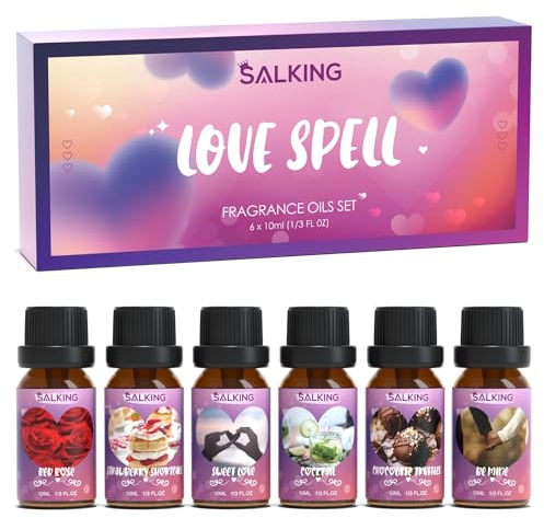 SALKING Oli Essenziali San Valentino per Diffusori 6x10ml, Set di Olio Essenziale per Aromaterapia e Massaggi - Rose Rosse, Sii Mio, Tartufi al Cioccolato, Dolce Amore, Cocktail, Torta alle Fragole