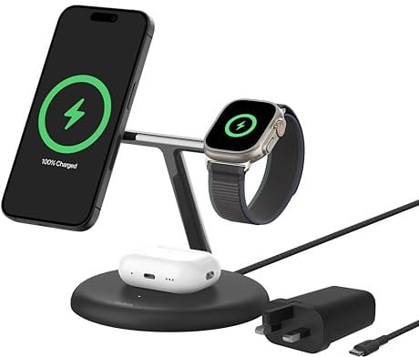 Belkin 3-in-1 Wireless Charging Stand with Magnetic MagSafe Compatible Qi2 15W, Fast Charging iPhone Charger for iPhone 16, 15, 14, and 13 Series, AirPods, Apple Watch, & More (PSU included) - Black