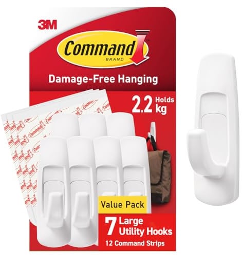 Command Large Utility Hook, Pack of 7 Hooks and 12 Adhesive Strips, White - Damage Free Hanging - Holds up to 2.2kg