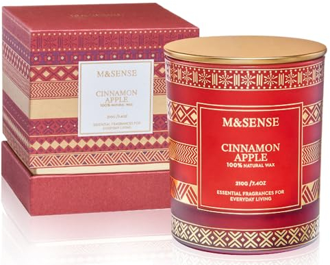 M&SENSE Zimt Apfel Duftkerze im Glas, natürliche ungiftige Soja-Kerze für zu Hause duftende Urlaub Kerze Geschenk 45 Stunden lange Brenndauer Geschenk für Frauen & Männer 210g