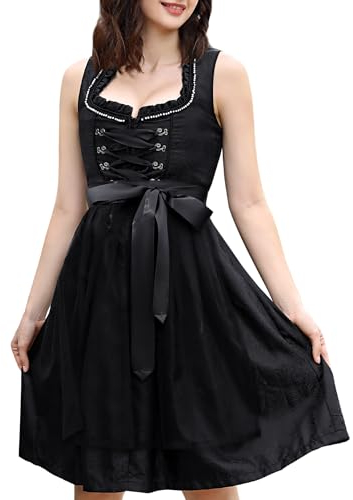 KOJOOIN Dirndl Damen Midi Kurz Trachtenkleid mit Spitzenschürze 2tlg. für Oktoberfest Schwarz(High-End) 44