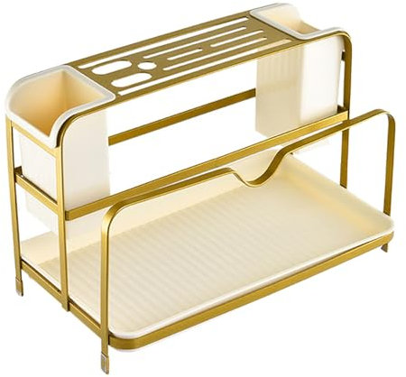 TYCIONG Escurridor de platos para varillas, escurridor de utensilios multifuncional, escurridor de platos con bandeja de escurrimiento, escurridor de platos extraíble, utensilios y (dorado)