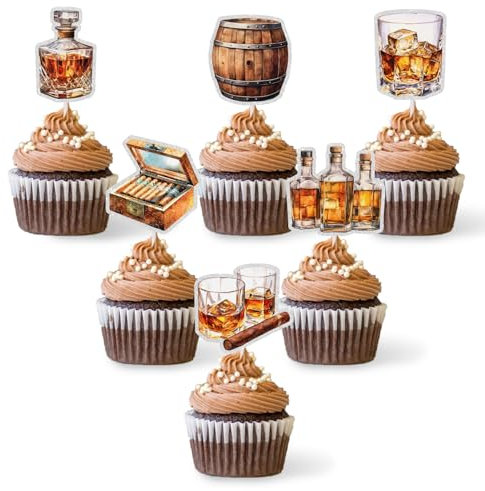18Pcs Whiskey Cupcake Toppers Glitter Aged To Perfection Party Supplies Cheers to 30th 40th 50th 60th Birthday Cake Decorations Whiskey Theme Party Supplies