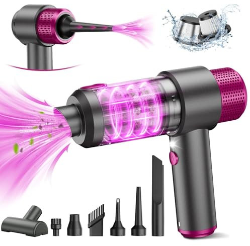 Lambluefly 4-en-1 Aspirateur Voiture Puissant sans Fil, 15KPA Mini Aspirateur a Main sans Fil, Double Système de Filtration, Lumière LED, pour Souffleur Air Comprimé Nettoyage PC, Voiture & Bureau