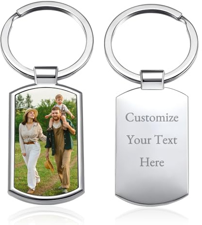 BEXOA Personalised Keyring Photo & Text - Custom Keychain with Engraved Name Keyrings Customized Keychains with Picture Personalised Gifts for Men, Women, Dad and Mom