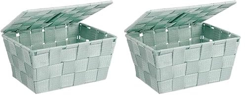 WENKO 22573100 Storage basket Adria with lid Mint - bathroom basket with lid, Polypropylene, 19 x 10 x 14 cm, Mint green (Pack of 2)