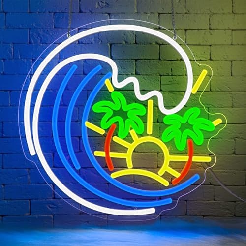 Lxmoneon Palm Tree Neon Sign Tropical Neon Signs USB Powered Hawaii Neon Light Dimmable LED Sun Wave Beach Wall Light for Bedroom Tiki Bar Summer Party Holiday Decor Hotel Office