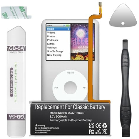 616-0232 Ersatz-Akku, 900 mAh, hohe Kapazität, mit Werkzeug, für iPod Classic 5. / 6. / 7. Generation (A1238, A1136), kompatibel mit 30 GB, 80 GB, 120 GB, 160 GB Modellen