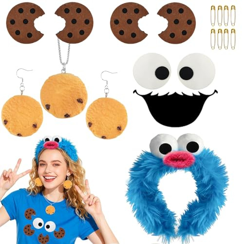 ITJMRJP krümelmonster kostüm Damen kinder 11 Stück Krümelmonster Accessoires mit Cookie Monster Haarreif Halskette Ohrringe Keks Augen Mund aufkleber für Karneval Fasching Halloween Cosplay