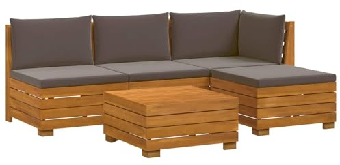vidaXL Outdoor-Sofagarnitur mit Kissen 5 Stück Braun Massivholz Akazie, Akazienholz-Sofa, UV-beständiger Lounger, wetterfeste Couch, modulare Sitzgelegenheit für Gartenmöbel