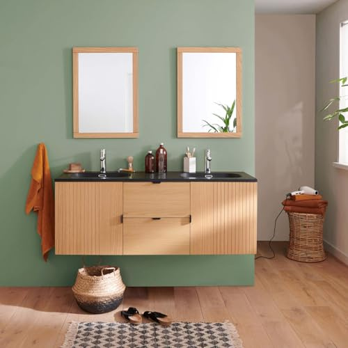 MOB-IN Mueble estudio doble lavabo 140cm roble, grifos y espejos cuadrados