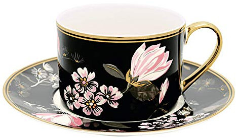 GreenGate - Cup & Saucer - Tasse mit Untertasse/Kaffeetasse/Teetasse - Amelie Black - New Bone China Porzellan - Schwarz/Bunt/Gold - H: 7cm - Nicht Spülmaschinenfest/Nicht Mikrowellengeeignet