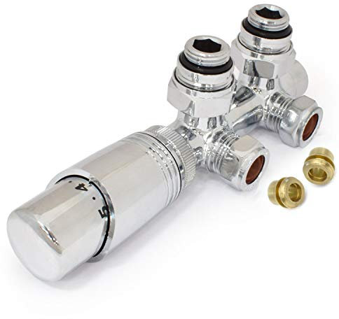 Hot Flow | Cascade Modern Twin TRV Chrome Thermostatic Radiator Valve 10mm Compression (Straight & Angled) (Angled)